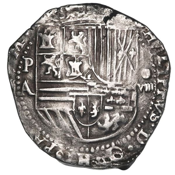 Potosi, Bolivia, cob 8 reales, Philip II, assayer A, denomination as oVIIII ("9 reales"), rare.