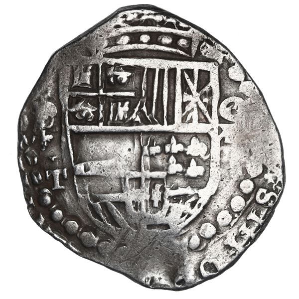 Potosi, Bolivia, cob 8 reales, Philip III, assayer T (ca. 1620), NGC XF details / cleaned.