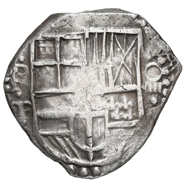 Potosi, Bolivia, cob 4 reales, 1628 assayer T/P, quadrants of cross transposed, very rare, NGC AU 53