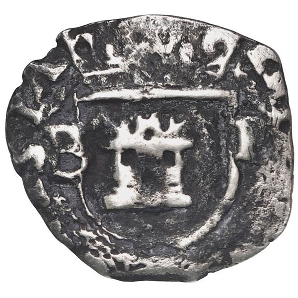 Potosi, Bolivia, cob 1/4 real, Philip II, assayer B to left, mintmark P to right, borders of x's, ra