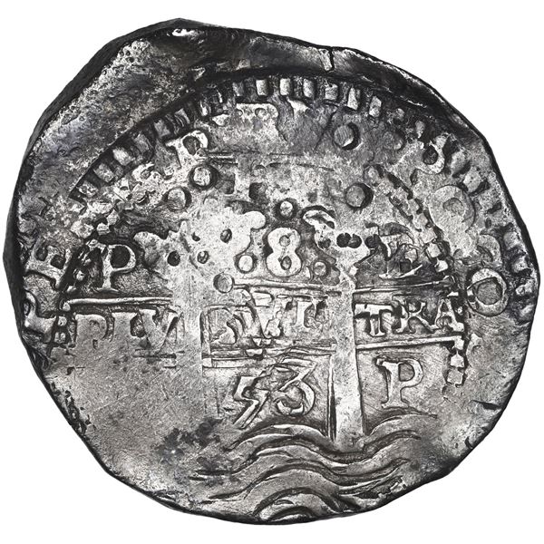 Potosi, Bolivia, cob 8 reales, 1653 E, dot-PH-dot at top, P over inverted E to left and E over inver