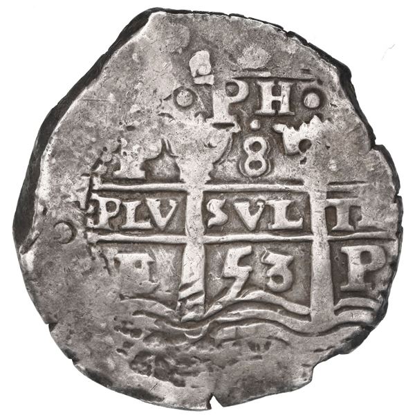 Potosi, Bolivia, cob 8 reales, 1653 E, dot-PH-dot at top above dot, series of eight dots flanking po