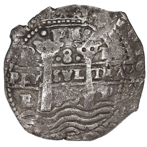 Potosi, Bolivia, cob 8 reales, 1653 E, dot-PH-dot at top above denomination dot-8-dot, series of eig