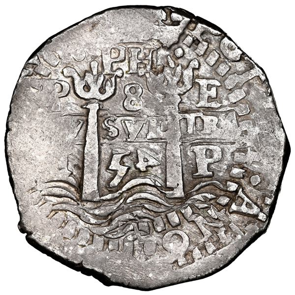 Potosi, Bolivia, cob 8 reales, 1654 E, retrograde 4 in date (rare), dot-PH-dot at top, pomegranate a