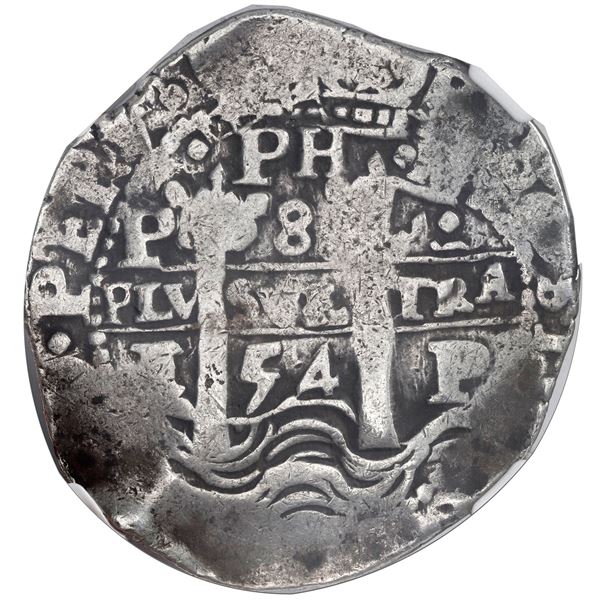 Potosi, Bolivia, cob 8 reales, 1654 E, dot-PH-dot at top above denomination 8 without dots, dot-8-do