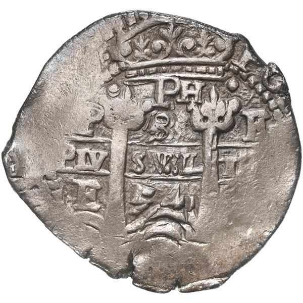 Potosi, Bolivia, cob 8 reales, 1654 E, dot-PH-dot at top above denomination 8 without dots, pomegran