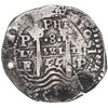 Image 1 : Potosi, Bolivia, cob 8 reales, 1655 E, PH at top, pomegranate above cross.
