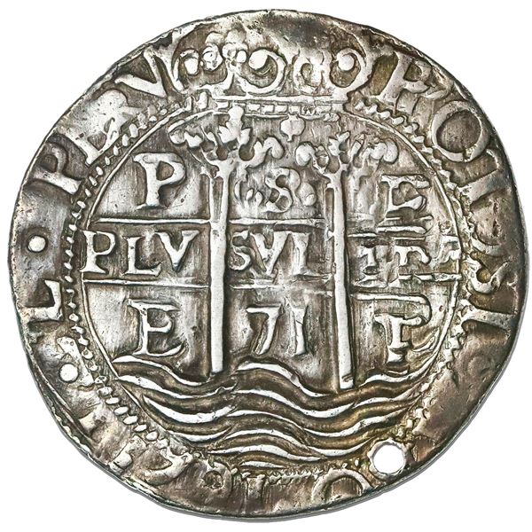 Potosi, Bolivia, cob 8 reales Royal (galano), 1671 E, rare, NGC XF details / holed.