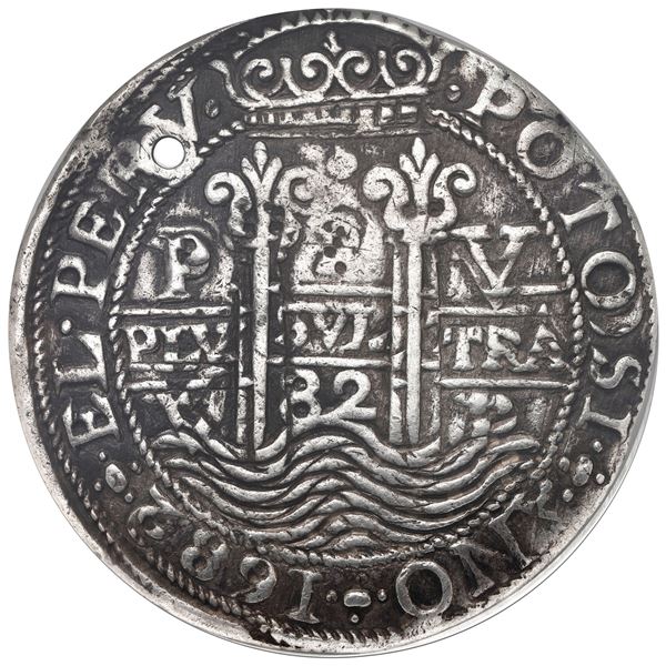 Potosi, Bolivia, cob 8 reales Royal (galano), 1682 V, NGC XF details / holed.