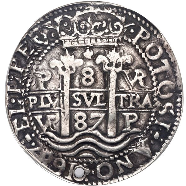 Potosi, Bolivia, cob 8 reales Royal (galano), 1687 VR, NGC VF details / holed.