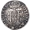 Image 1 : Potosi, Bolivia, cob 8 reales Royal (galano), 1687 VR, NGC VF details / holed.