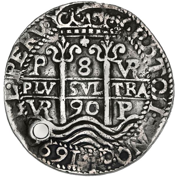 Potosi, Bolivia, cob 8 reales Royal (galano), 1690 VR, rare, NGC XF details / holed.