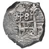 Image 1 : Potosi, Bolivia, cob 8 reales, 1752 q, mintmark and assayer transposed on pillars side (rare).