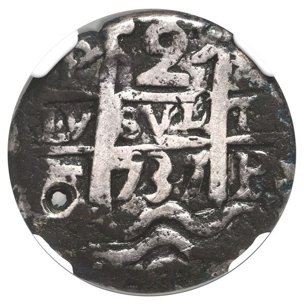 Potosi, Bolivia, cob 2 reales Royal (galano), 1737 E, very rare, NGC Fine details / holed, environme