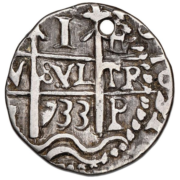Potosi, Bolivia, cob 1 real Royal (galano), 1733 E, retrograde E to right of cross, extremely rare,