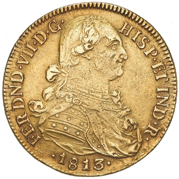 Bogota, Colombia, gold bust 8 escudos, Ferdinand VII (bust of Charles IV), 1813 J.F.