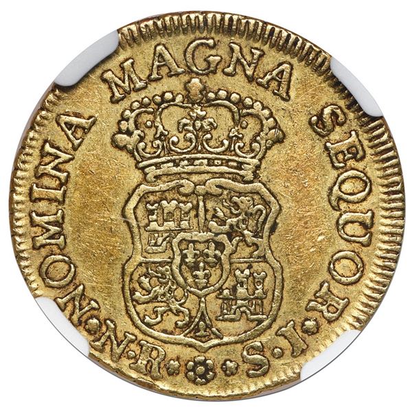 Bogota, Colombia, gold bust 2 escudos, Ferdinand VI, 1757 S.J, rare, NGC AU 50.