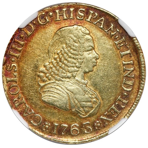 Popayan, Colombia, gold bust 2 escudos, Charles III (bust of Ferdinand VI), 1763 J, NGC AU 55.