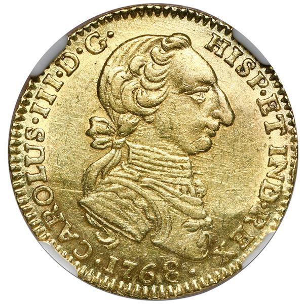 Bogota, Colombia, gold bust 2 escudos, Charles III ("rat nose" type), 1768 JV, NGC AU 55.