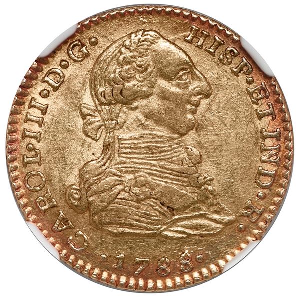 Bogota, Colombia, gold bust 2 escudos, Charles III, 1788 J.J, NGC AU 55.