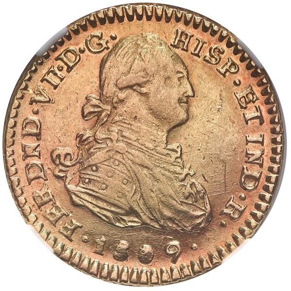 Popayan, Colombia, gold bust 1 escudo, Ferdinand VII (bust of Charles IV), 1809 JF, NGC MS 60.