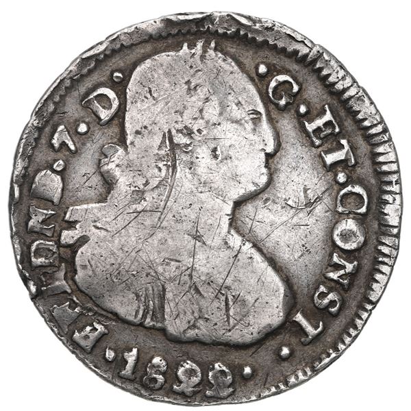 Pasto, Colombia, bust 2 reales, Ferdinand VII (bust of Charles IV), 1822 O, two dots between date an