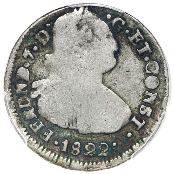 Pasto, Colombia, bust 2 reales, Ferdinand VII (bust of Charles IV), 1822 O, two dots between date an