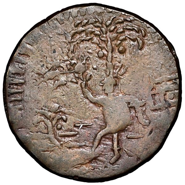 Cartagena, Colombia, copper provisional 2 reales, 1814, rotated 4, NGC AU 55 BN, finest known in NGC