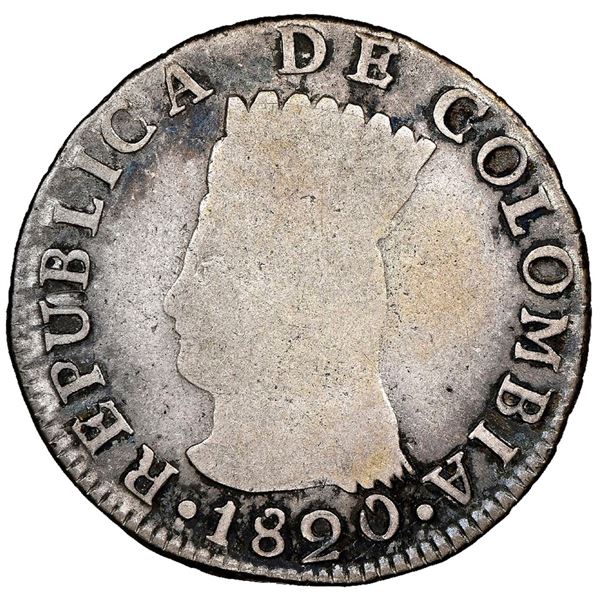 Bogota, Colombia (Cundinamarca), 2 reales, 1820 J.F, dots in legend, rare, NGC F 12, finest and only