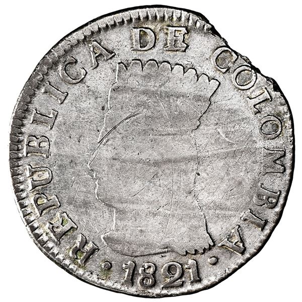 Bogota, Colombia (Cundinamarca), 2 reales, 1821 J.F., no mintmark, dots in legend, rare, NGC Fine de