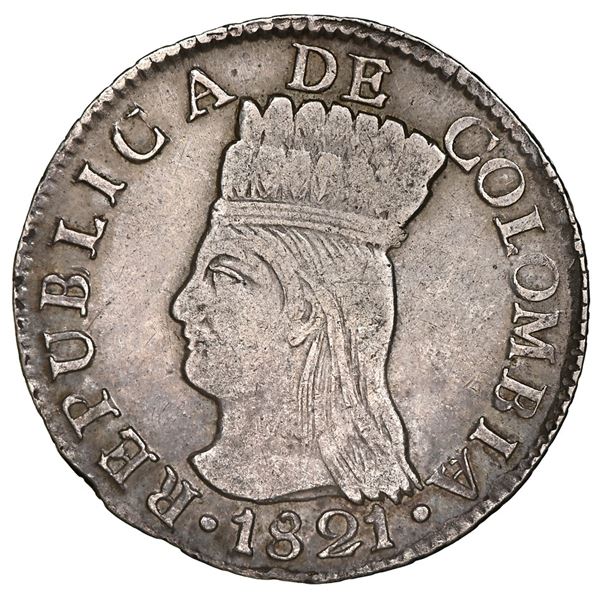 Bogota, Colombia (Cundinamarca), 2 reales, 1821 J.F, mintmark BA with dots below and to right of A,