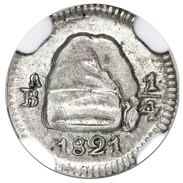 Bogota, Colombia, 1/4 real, 1821, mintmark BA (no dot), NGC AU 58.