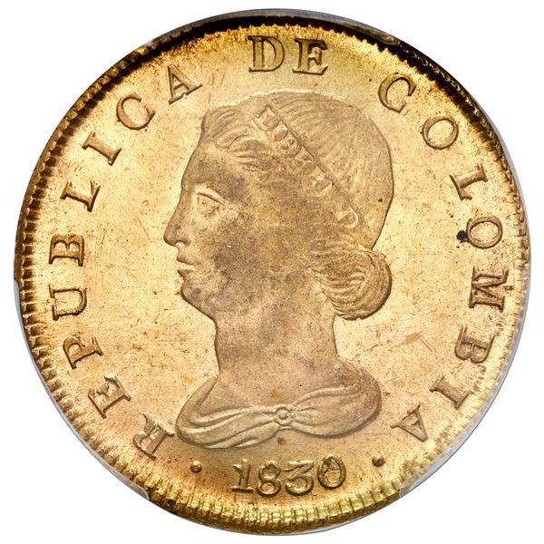 Bogota, Colombia, gold 8 escudos, 1830 R.S, PCGS MS63.