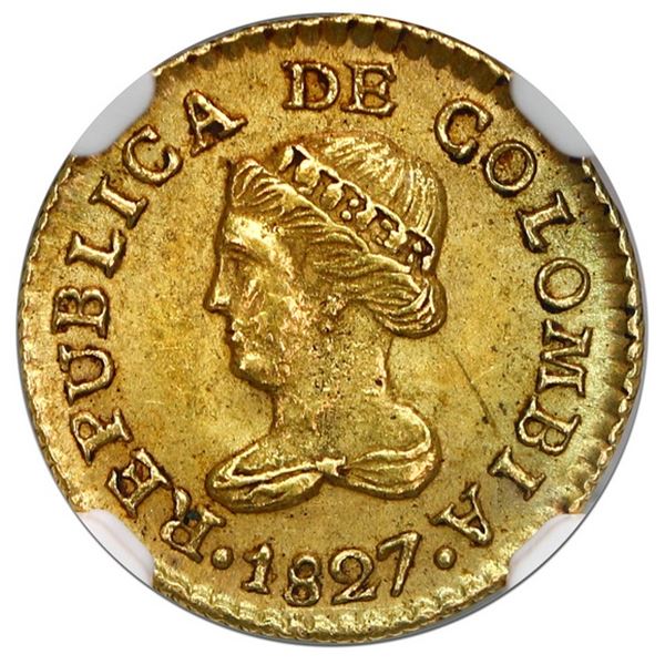 Bogota, Colombia, gold 1 peso, 1827 R.R, NGC MS 63.