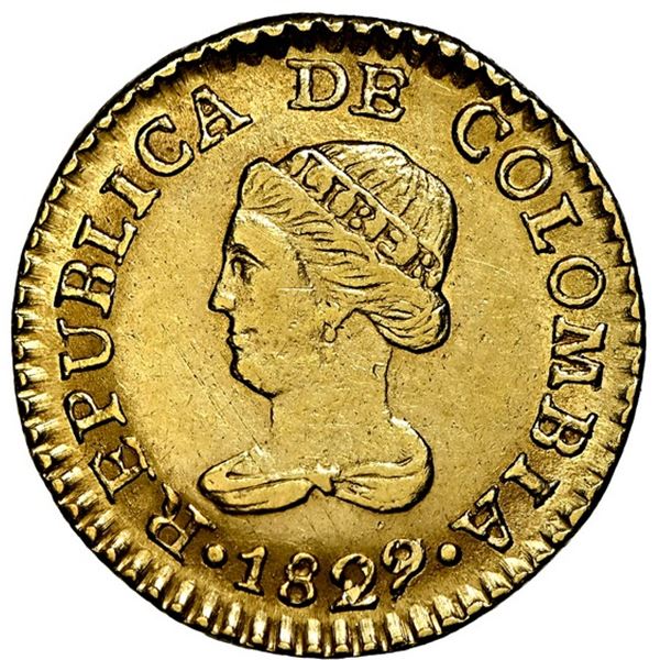 Bogota, Colombia, gold 1 peso, 1829 R.S, NGC MS 61.