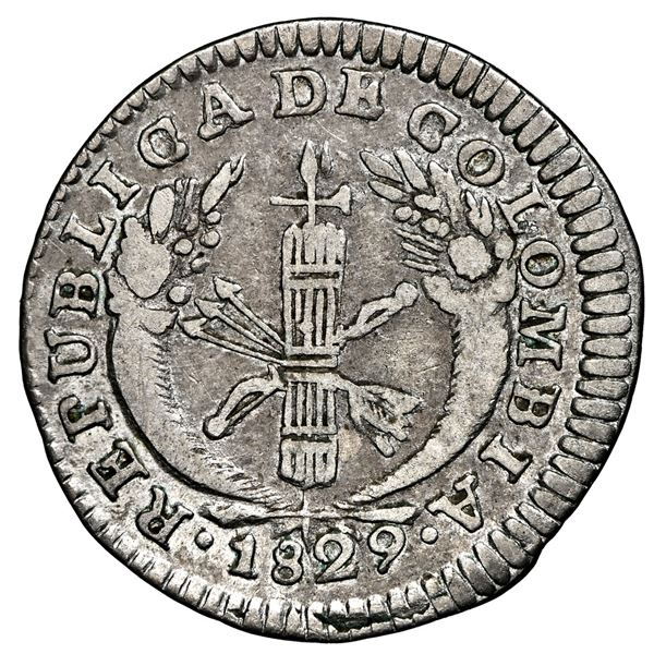 Popayan, Colombia, 1 real, 1829 M.F., NGC VF 30, finest and only example in NGC census.