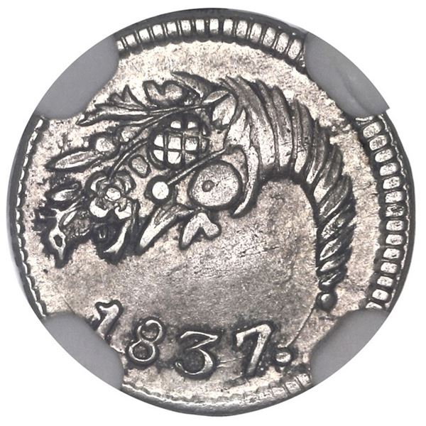 Bogota, Colombia, 1/4 real, 1837, dot after BOGOTA, NGC AU 58, finest known in NGC census.