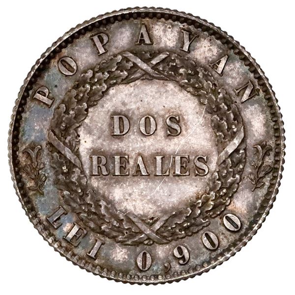 Silver proof pattern for Popayan, Colombia, 2 reales, 1848/7, reeded edge, rare, NGC PF 60.