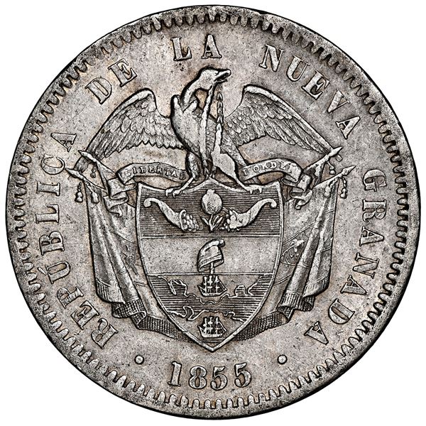 Bogota, Colombia, 1 peso, 1855, NGC AU 58.