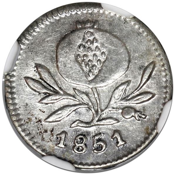 Bogota, Colombia, 1/4 real, 1851, NGC MS 63, finest known in NGC census, ex-Lissner.