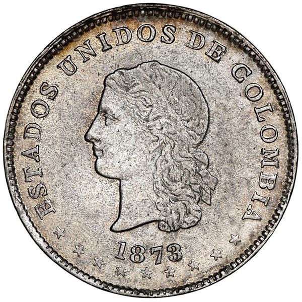 Medellin, Colombia, 5 decimos, 1873, Barre bust, NGC MS 62, finest known in NGC census.