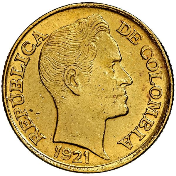 Medellin (Antioquia), Colombia, gold 5 pesos, 1921-A, rare, NGC MS 61.