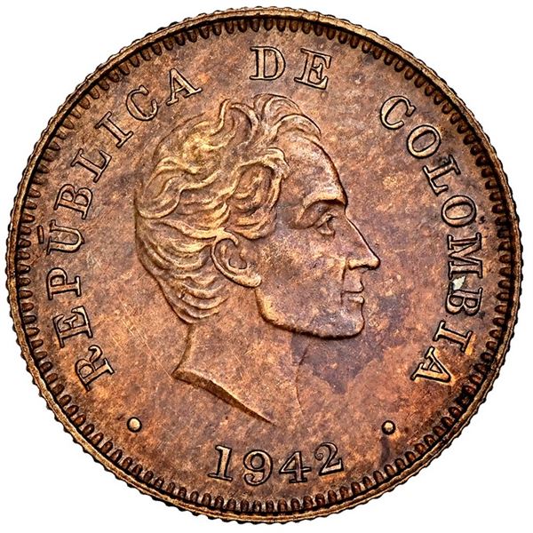 Bogota, Colombia, copper off-metal 10 centavos, 1942-B, NGC MS 61 BN, finest and only example in NGC