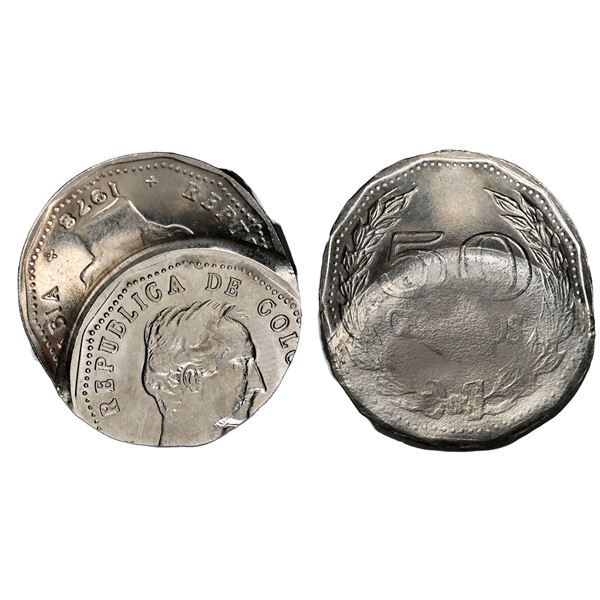 Colombia, copper-nickel 50 centavos, 1978, offset partial brockage error mated pair, rare, NGC Mint