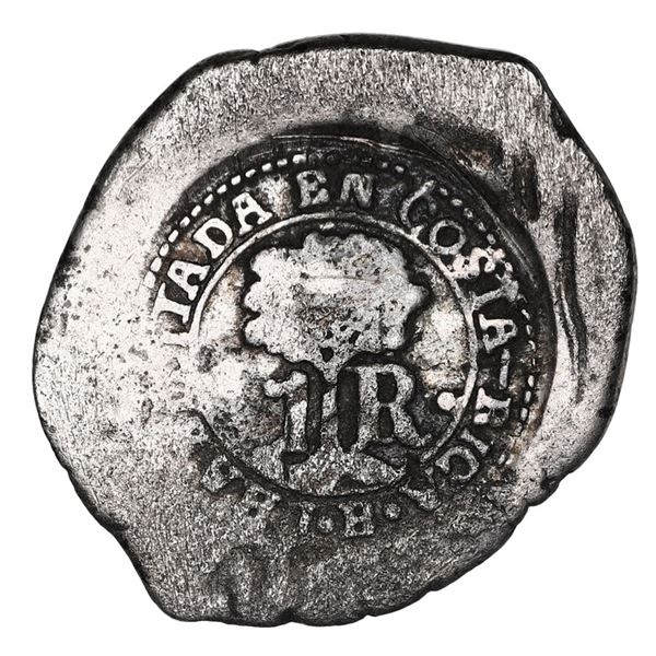 Costa Rica, 1 real, 1846 JB counterstamp (Type IV) on a Lima, Peru, cob 1 real, Philip V, assayer V.