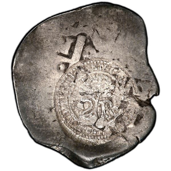 Costa Rica, 2 reales, 1846 JB counterstamp (Type V) on a Potosi, Bolivia, cob 2 reales, 1720(Y), PCG