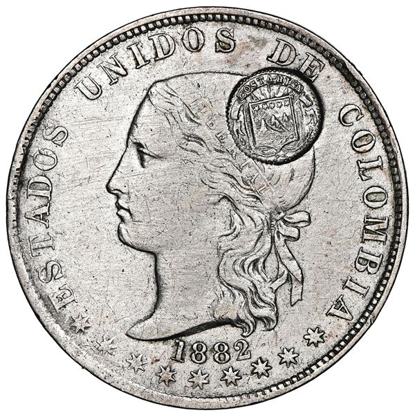 Costa Rica, 50 centavos, "lion" counterstamp (Type VII, 1889 CB), on a Medellin, Colombia, 5 decimos
