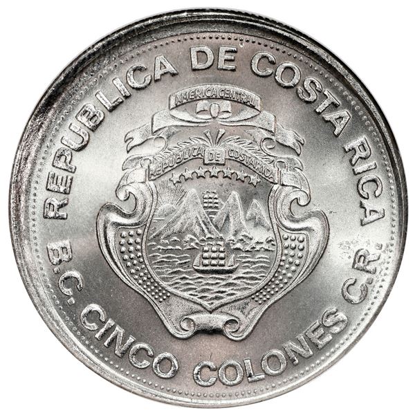 Costa Rica, nickel 5 colones, 1975, 25th anniversary of the Central Bank, broadstruck, NGC Mint Erro