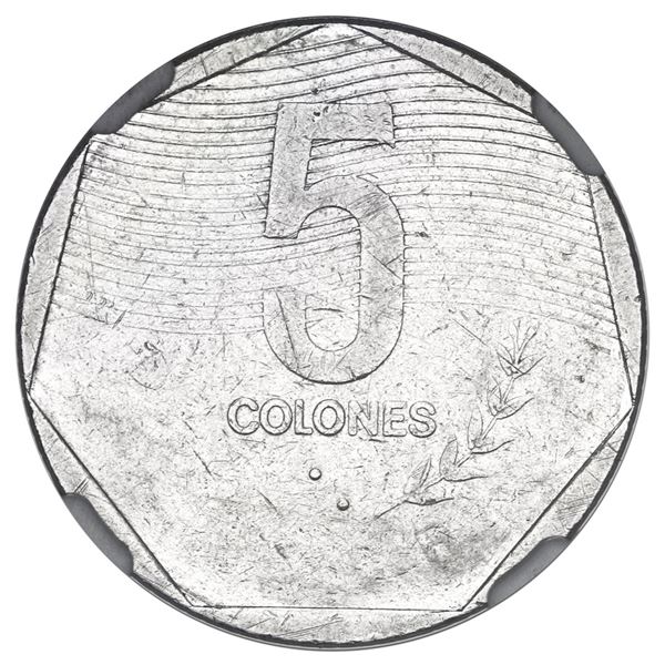 Costa Rica, stainless steel 5 colones, 1983, die adjustment strike, NGC Mint Error.