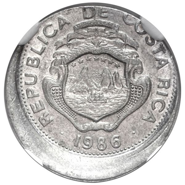Costa Rica, aluminum 25 centimos, 1986, struck 15% off-center, NGC Mint Error MS 62.